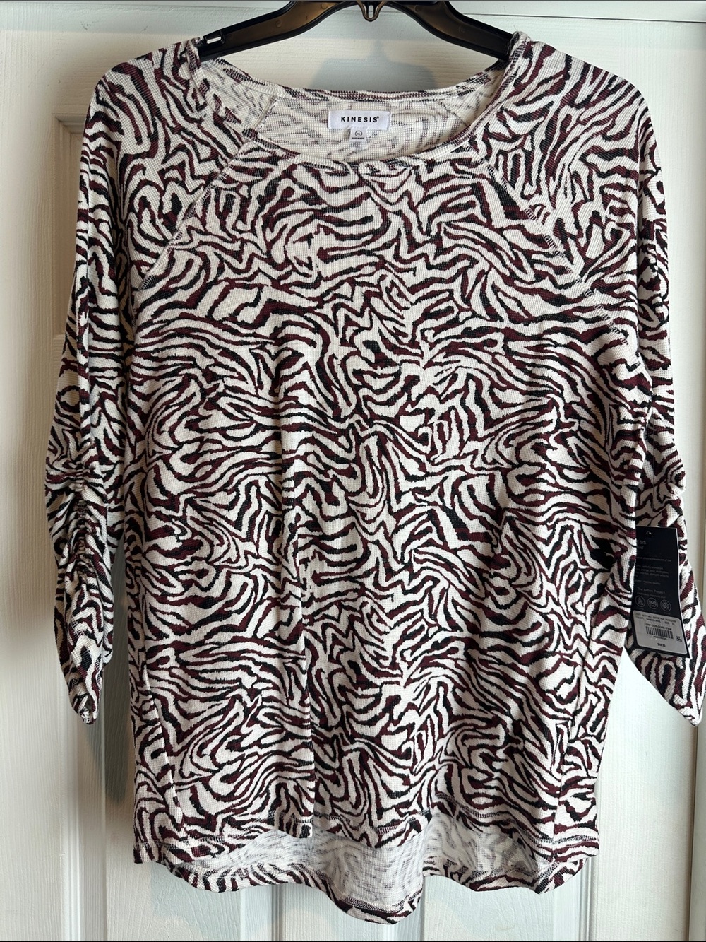 KInesis White & Burgundy Zebra Print Long Sleeve Top Women XL NWT